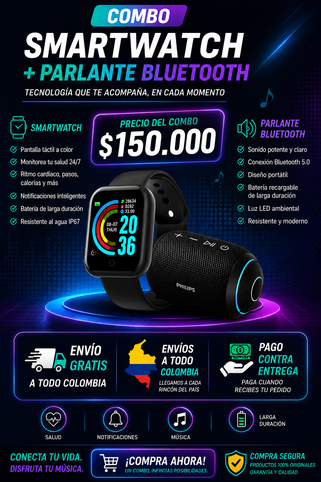 PARLANTE PHILIP ORIGINAL + SMART WATCH D