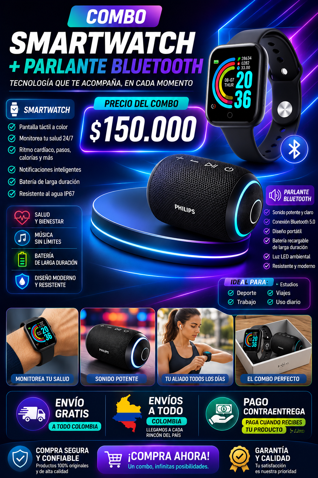 PARLANTE PHILIP ORIGINAL + SMART WATCH D