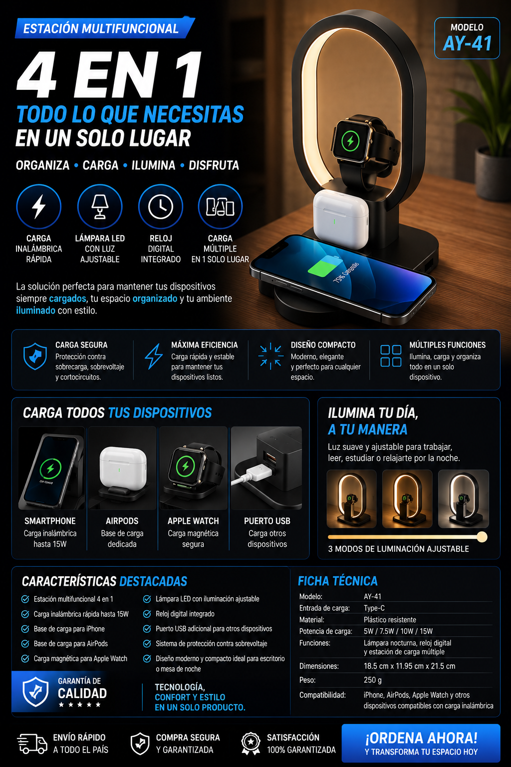 base ay41 cargador inalámbrico 4 en1