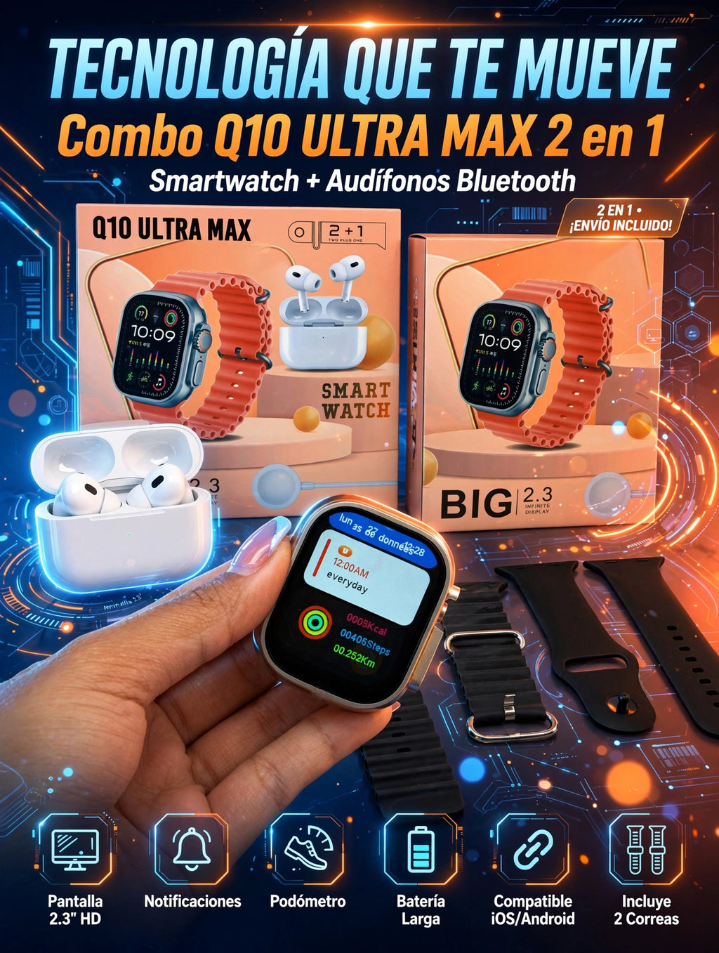COMBO Q10 ULTRA MAX(2 PULSOS+AURI+RELOJ)